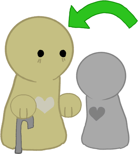 a muted yellow simplified character with a grey heart in the center, it's holding a cane there's a grey figure next to it, there is a green arrow pointing to the yellow figure.